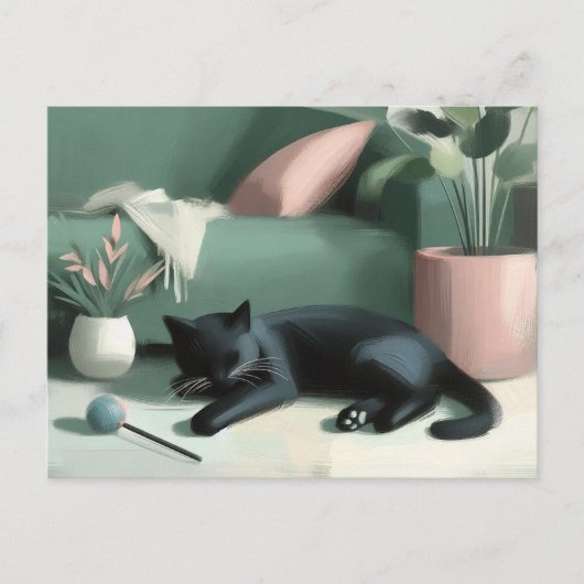 Schlafende schwarze Katze / Catnip Träume Postkarte (Vorderseite)