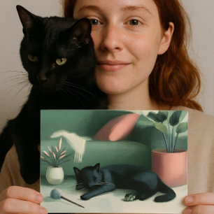Schlafende schwarze Katze / Catnip Träume Postkarte
