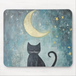 Schlafende schwarze Katze mit Halbmond und Sternen Mousepad