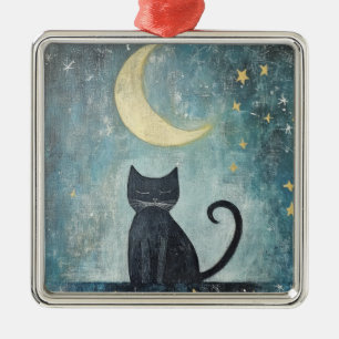 Schlafende schwarze Katze mit zunehmendem Mond und Ornament Aus Metall