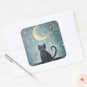 Schlafende schwarze Katze mit zunehmendem Mond und Quadratischer Aufkleber