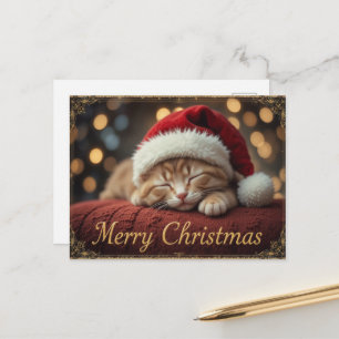 Schlafende Weihnachtskatze in Santa-Mütze Ferien Postkarte
