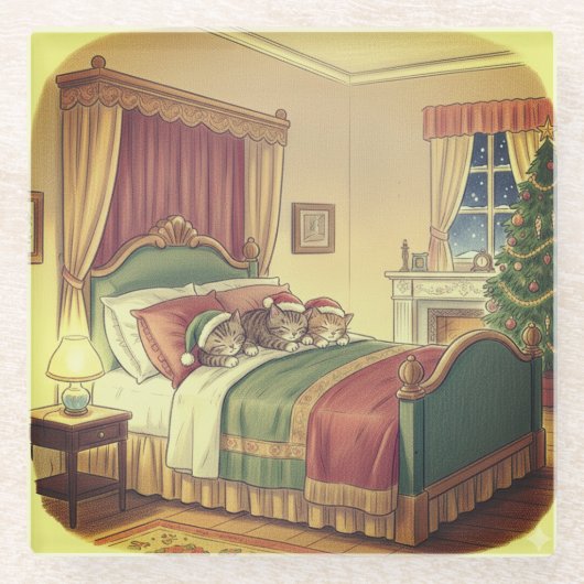 Schlafende Weihnachtskatzen Glasuntersetzer (Vorderseite)