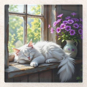 Schlafende weiße Katze und violette Blumen Glasuntersetzer