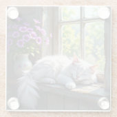 Schlafende weiße Katze und violette Blumen Glasuntersetzer (Rückseite)