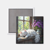 Schlafende weiße Katze und violette Blumen Magnet (Vorderseite/Rückseite)