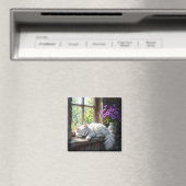 Schlafende weiße Katze und violette Blumen Magnet (In Situ (Geschirrspüler))