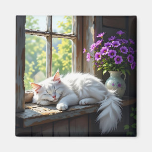 Schlafende weiße Katze und violette Blumen Magnet