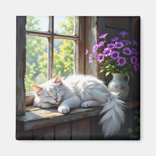 Schlafende weiße Katze und violette Blumen Magnet (Vorne)