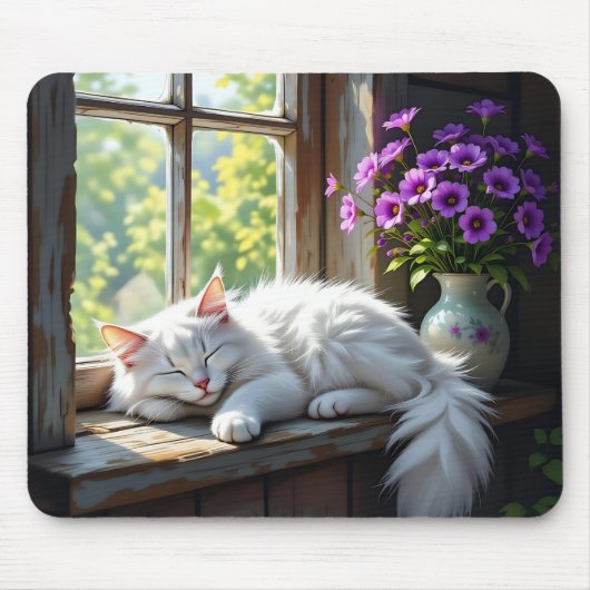 Schlafende weiße Katze und violette Blumen Mousepad (Vorne)