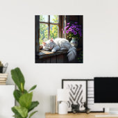 Schlafende weiße Katze und violette Blumen  Poster (Heimbüro)