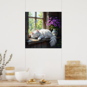 Schlafende weiße Katze und violette Blumen  Poster (Küche)