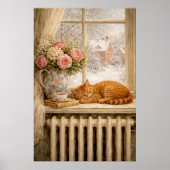 Schlafende Winterkatze am Fenster Poster (Vorne)