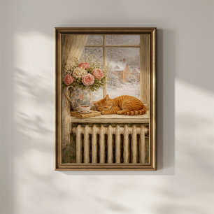 Schlafende Winterkatze am Fenster Poster