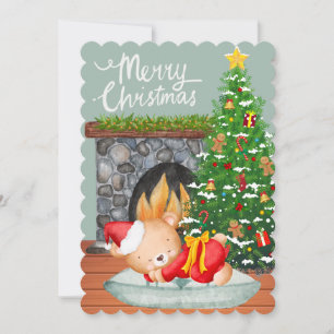 Schlafender Bär im Santa-Anzug Weihnachtsbaum Kami Feiertagskarte