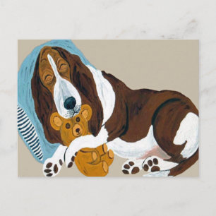 Schlafender Basset mit Teddy Postkarte