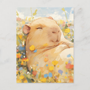 Schlafender Capybara auf einer sonnigen Wildblumen Postkarte