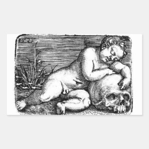 Schlafender Cherub und Totenkopf Rechteckiger Aufkleber