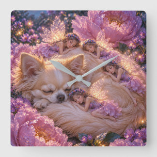 Schlafender Chihuahua und Feen Quadrat Quadratische Wanduhr
