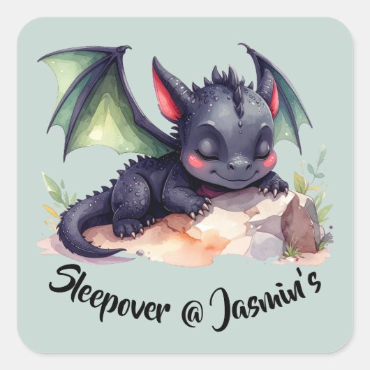 Schlafender Drache mit grünen Flügeln Quadratischer Aufkleber (Vorderseite)