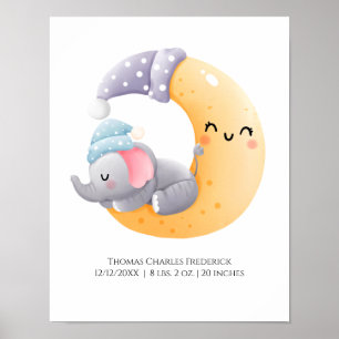 Schlafender Elefant im Mond Personalisierte Geburt Poster