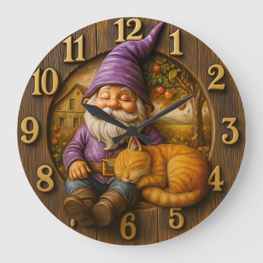 Schlafender Gnom & Katzenhäuschen Große Wanduhr (Vorderseite)