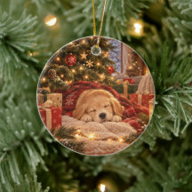 Schlafender Hund unter dem Weihnachtsbaum-Schmuck