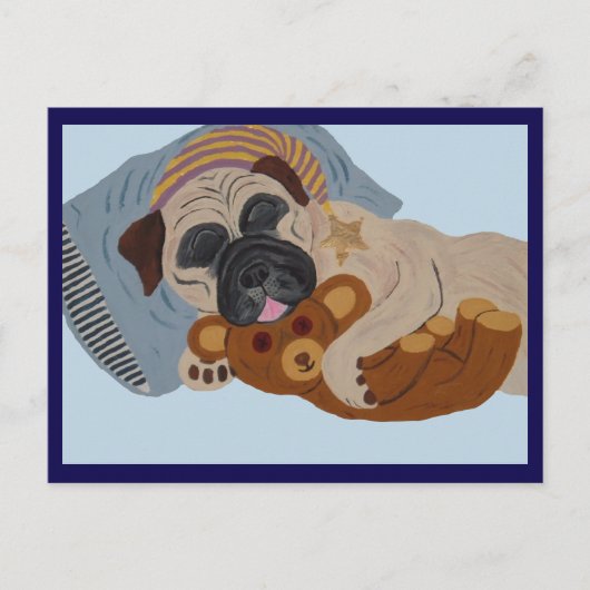 Schlafender Pug mit Teddybär Feiertagspostkarte (Vorderseite)