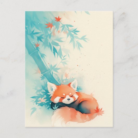Schlafender Roter Panda unter blauem Bambus Postkarte (Vorderseite)