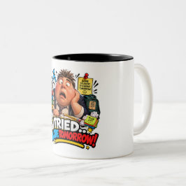Schlafender Schüler schläft auf Cartoon-Geschenkve Zweifarbige Tasse