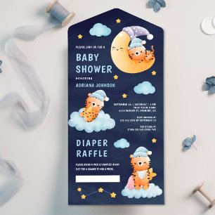 Schlafender Tiger auf Mond Navy Blau Baby Shower All In One Einladung