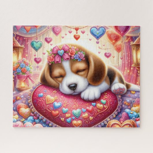 Schlafender Valentine Beagle Welpe Puzzle (Horizontal)