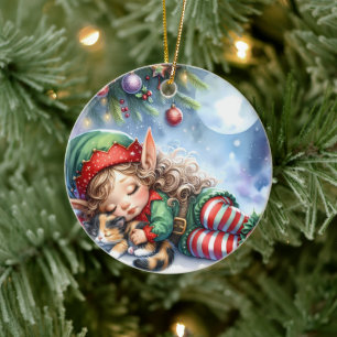 Schlafender Weihnachtself mit Calico-Kätzchen Keramik Ornament
