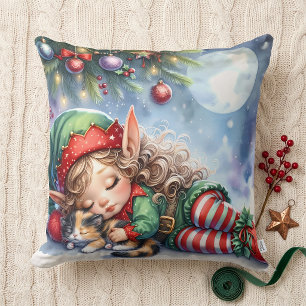 Schlafender Weihnachtself mit Calico-Kätzchen Kissen
