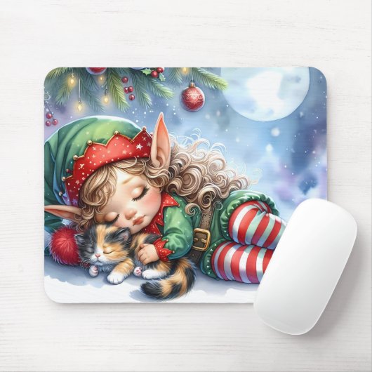 Schlafender Weihnachtself mit Calico-Kätzchen Mousepad (Mit Mouse)