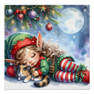 Schlafender Weihnachtself mit Calico-Kätzchen Poster