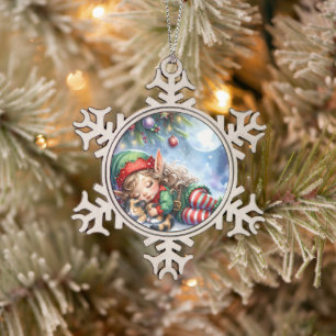 Schlafender Weihnachtself mit Calico-Kätzchen Schneeflocken Zinn-Ornament