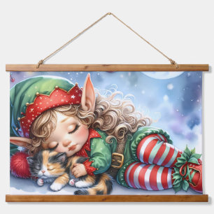 Schlafender Weihnachtself mit Calico-Kätzchen Wandteppich Mit Holzrahmen