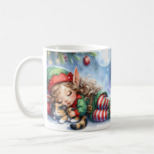Schlafender Weihnachtself mit dreifarbigem Kätzche Kaffeetasse