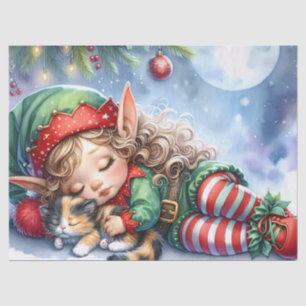 Schlafender Weihnachtself mit dreifärbigen Kätzche Seidenpapier