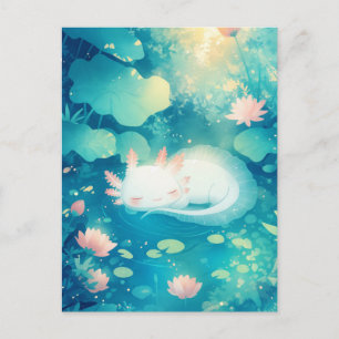 Schlafender Weißer Axolotl im sonnigen Lotus-Teich Postkarte