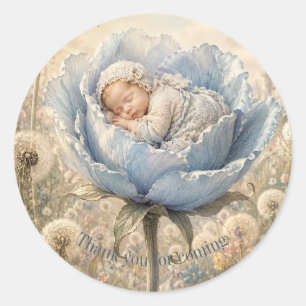 Schlafendes Baby blaue Blume Danke Runder Aufkleber
