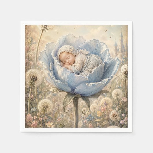 Schlafendes Baby blaue Blumen Löwenzahn Serviette (Vorderseite)