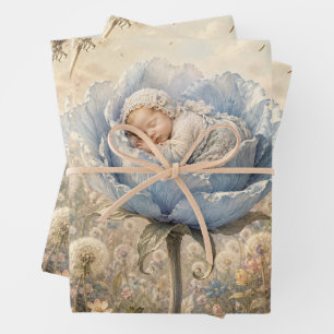 Schlafendes Baby in blauer Blume mit Löwenzahn Geschenkpapier Set