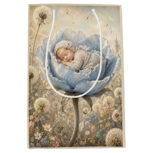 Schlafendes Baby in blauer Blume mit Löwenzahn Mittlere Geschenktüte