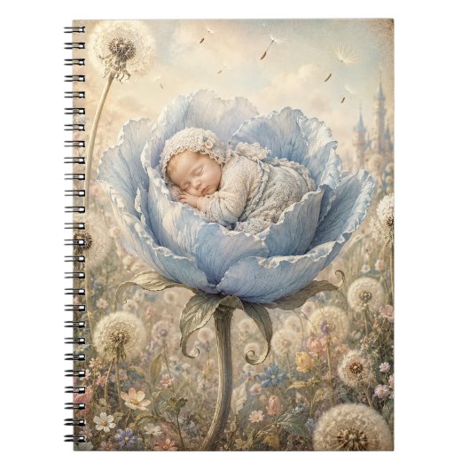 Schlafendes Baby in blauer Blume Notizblock (Vorderseite)