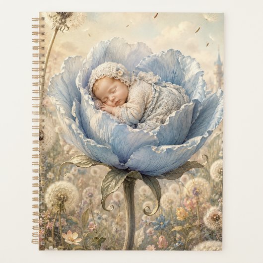 Schlafendes Baby in blauer Blume Planer (Vorderseite)