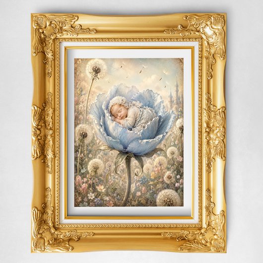 Schlafendes Baby in blauer Blume  Poster
