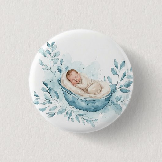 Schlafendes Baby in blauer Wiege Button (Vorderseite)