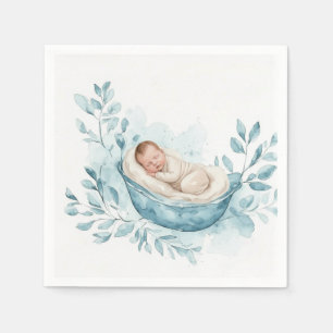 Schlafendes Baby in blauer Wiege Serviette